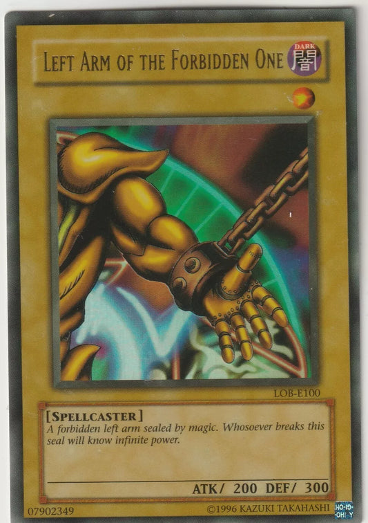 Left Arm of the Forbidden One card from Yu-Gi-Oh! LOB-E100 featuring the arm in chains.