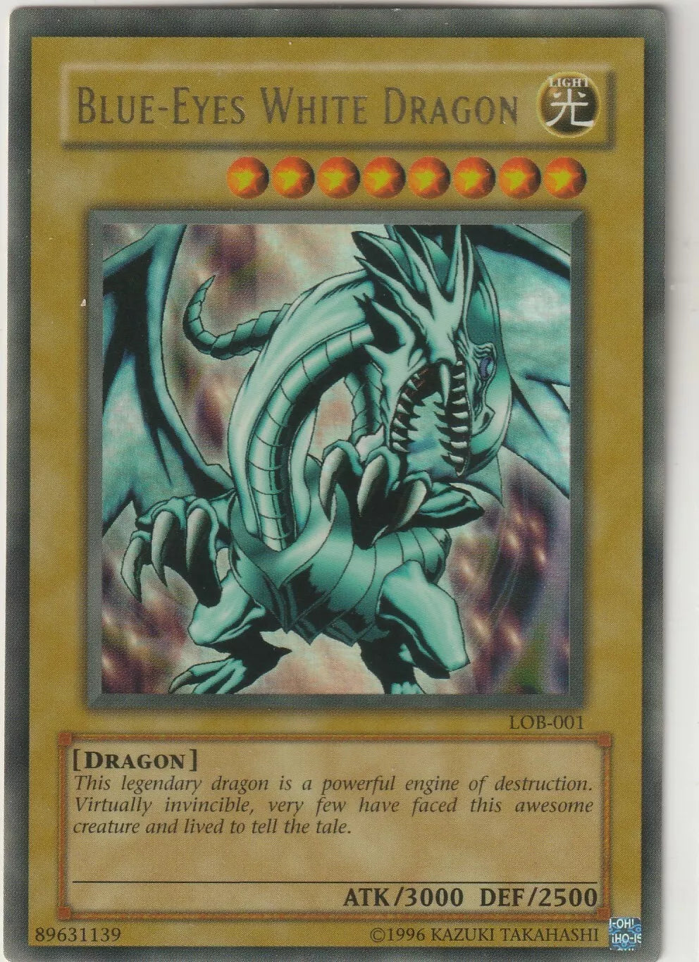 Blue-Eyes White Dragon LOB-001 holographic card with sharp blues and holo shine, in excellent condition.