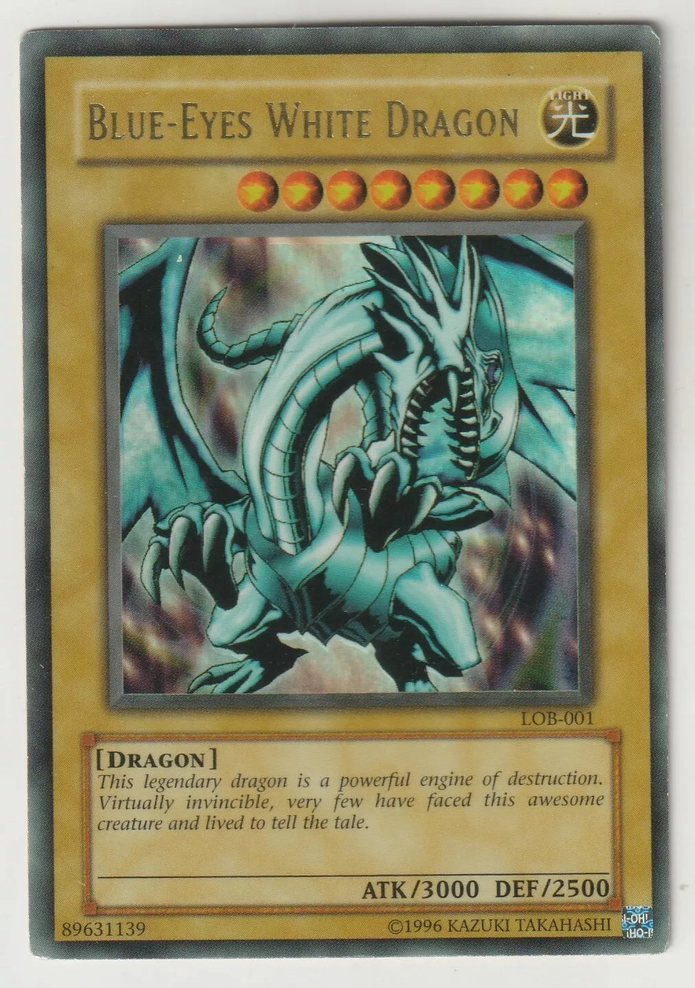 Holographic Blue-Eyes White Dragon card from the Legend of Blue Eyes White Dragon set in near-mint condition, displaying the iconic dragon in stunning blue.