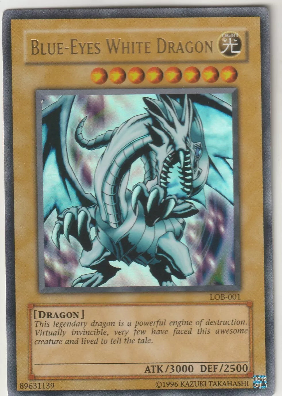  "Blue-Eyes White Dragon LOB-001 front, holographic design with near-mint condition."