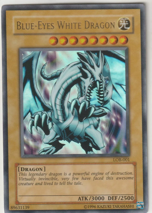  "Blue-Eyes White Dragon LOB-001 front, holographic design with near-mint condition."