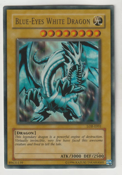 Near-mint Blue-Eyes White Dragon card from the Legend of Blue Eyes White Dragon set with a holographic design and sharp features.