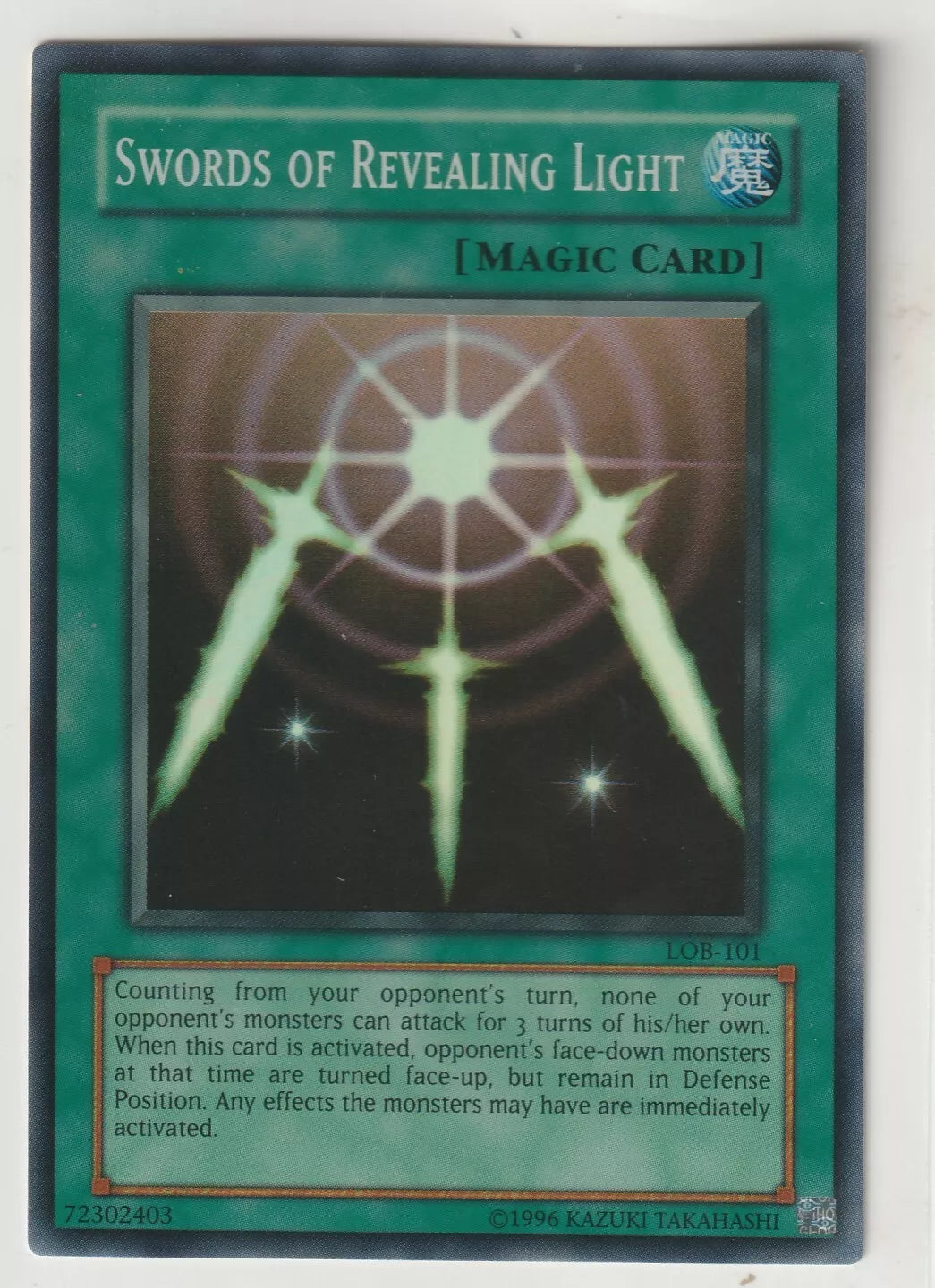 Swords of Revealing Light LOB-101 Magic Card in near-mint condition with radiant light design.