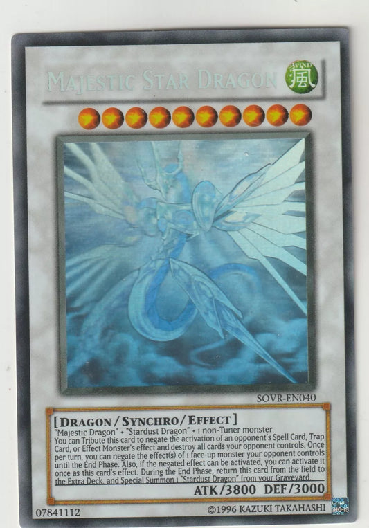 Yu-Gi-Oh Stardust Overdrive SOVR-EN040 Majestic Star Dragon Ghost Rare front in near-mint condition with ghostly dragon holographic design.