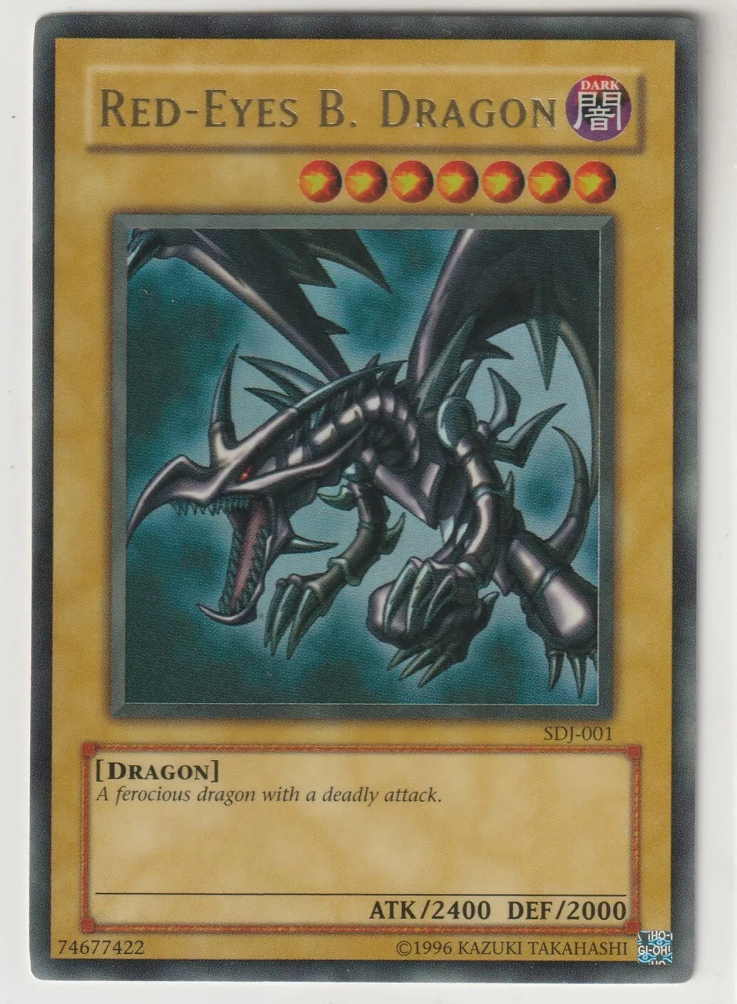 Near-mint Yu-Gi-Oh! Red-Eyes Black Dragon SDJ-001 front.