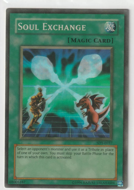 "Yu-Gi-Oh! card artwork showing a magical duel between a warrior and a dragon under a swirling energy, illustrating the spell 'Soul Exchange.'"