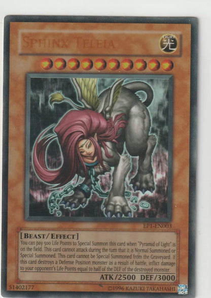 Yu-Gi-Oh! card artwork depicting Sphinx Teleia, a mythical creature with a humanoid upper and a lion's lower body, against a mystical background."