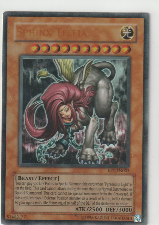 Yu-Gi-Oh! card artwork depicting Sphinx Teleia, a mythical creature with a humanoid upper and a lion's lower body, against a mystical background."