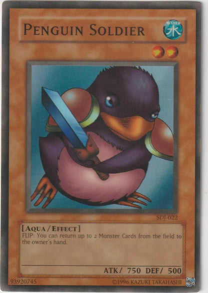 "Yu-Gi-Oh! card artwork showing Penguin Soldier, a purple penguin armed with a sword and wearing armor, ready for battle."