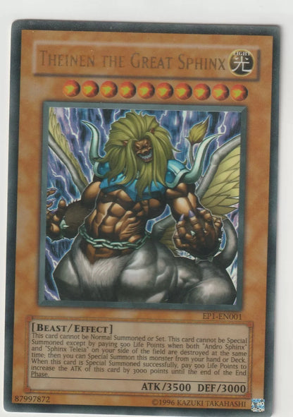 Yu-Gi-Oh! 2004 Ultra Rare Theinen the Great Sphinx card from Exclusive Pack EP-EN001, featuring the legendary beast in a powerful stance with lightning effects.