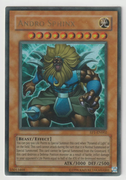 Ultra Rare Yu-Gi-Oh! Andro Sphinx card from 2004 Exclusive Pack EP-EN002, featuring the mythological beast in an electrifying battle stance with foil accents.