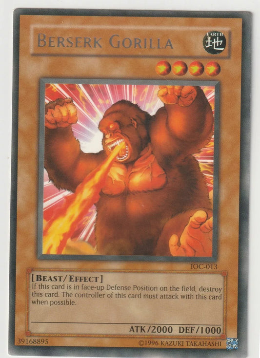 Rare Yu-Gi-Oh! Berserk Gorilla card from 2004 Invasion of Chaos IOC-013 set, featuring a fierce gorilla monster in an aggressive attack stance.