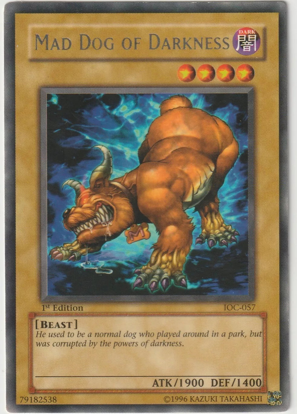 Rare Yu-Gi-Oh! Mad Dog of Darkness card from 2004 Invasion of Chaos IOC-057 set, featuring a fearsome dog corrupted by darkness with a fierce appearance.