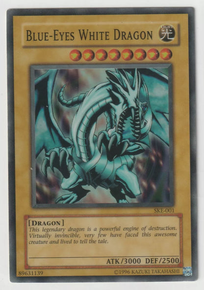 Yu-Gi-Oh! Blue-Eyes White Dragon card from 2004 Starter Deck Kaiba Evolution SKE-001, featuring the legendary dragon in a fierce and dynamic artwork.