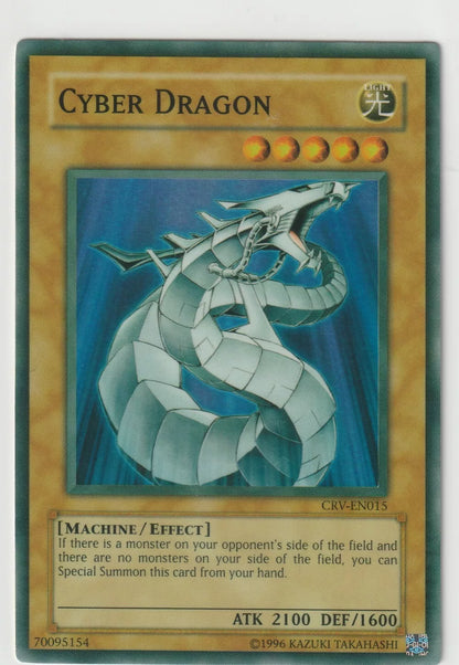 Cyber Dragon Super Rare card from Yu-Gi-Oh! 2005 Cybernetic Revolution set, featuring the metallic dragon against a blue background."