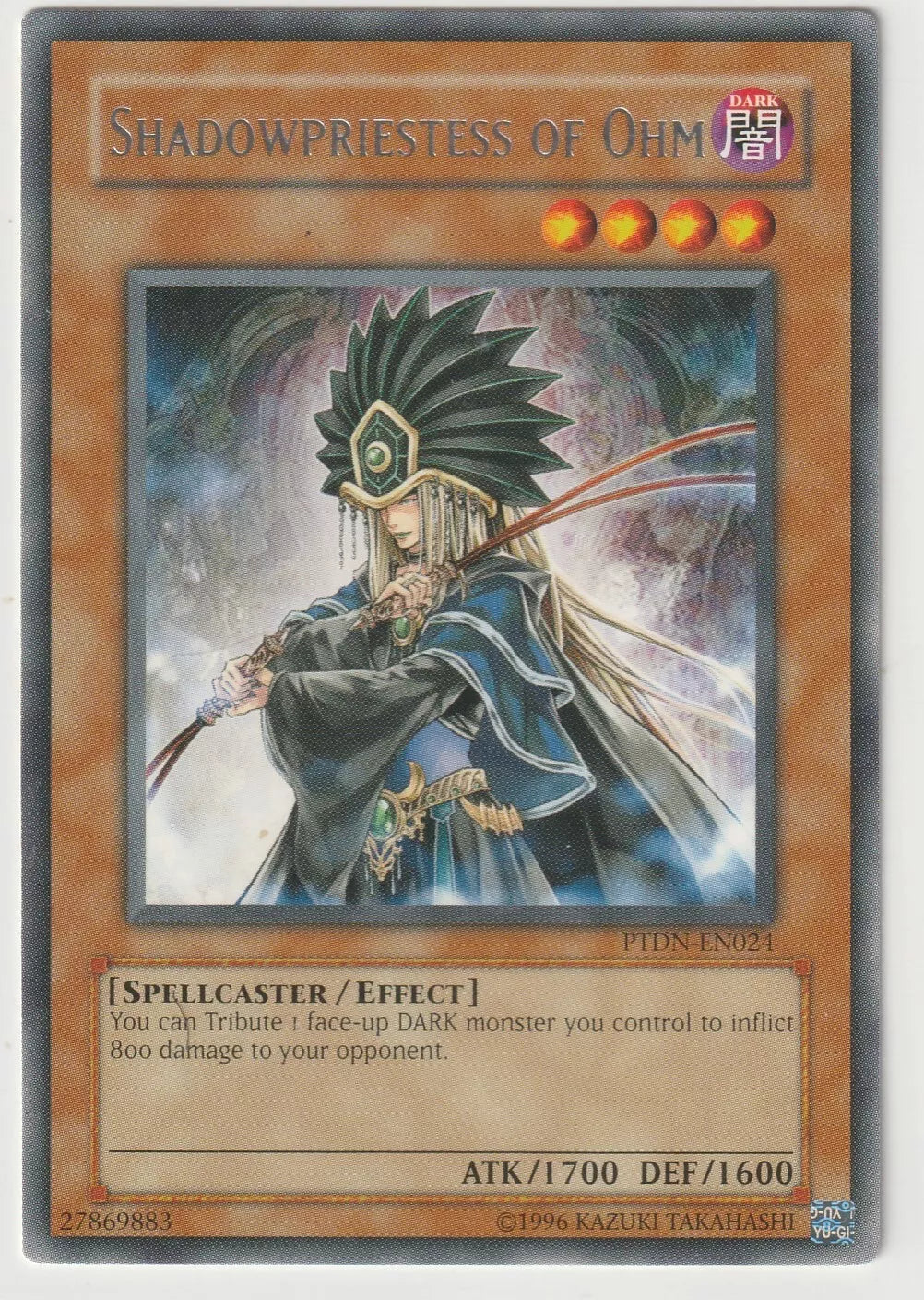 A Shadowpriestess of Ohm Yu-Gi-Oh! card from the 2007 Phantom Darkness set, showing a detailed spellcaster in dark robes holding a magical staff.