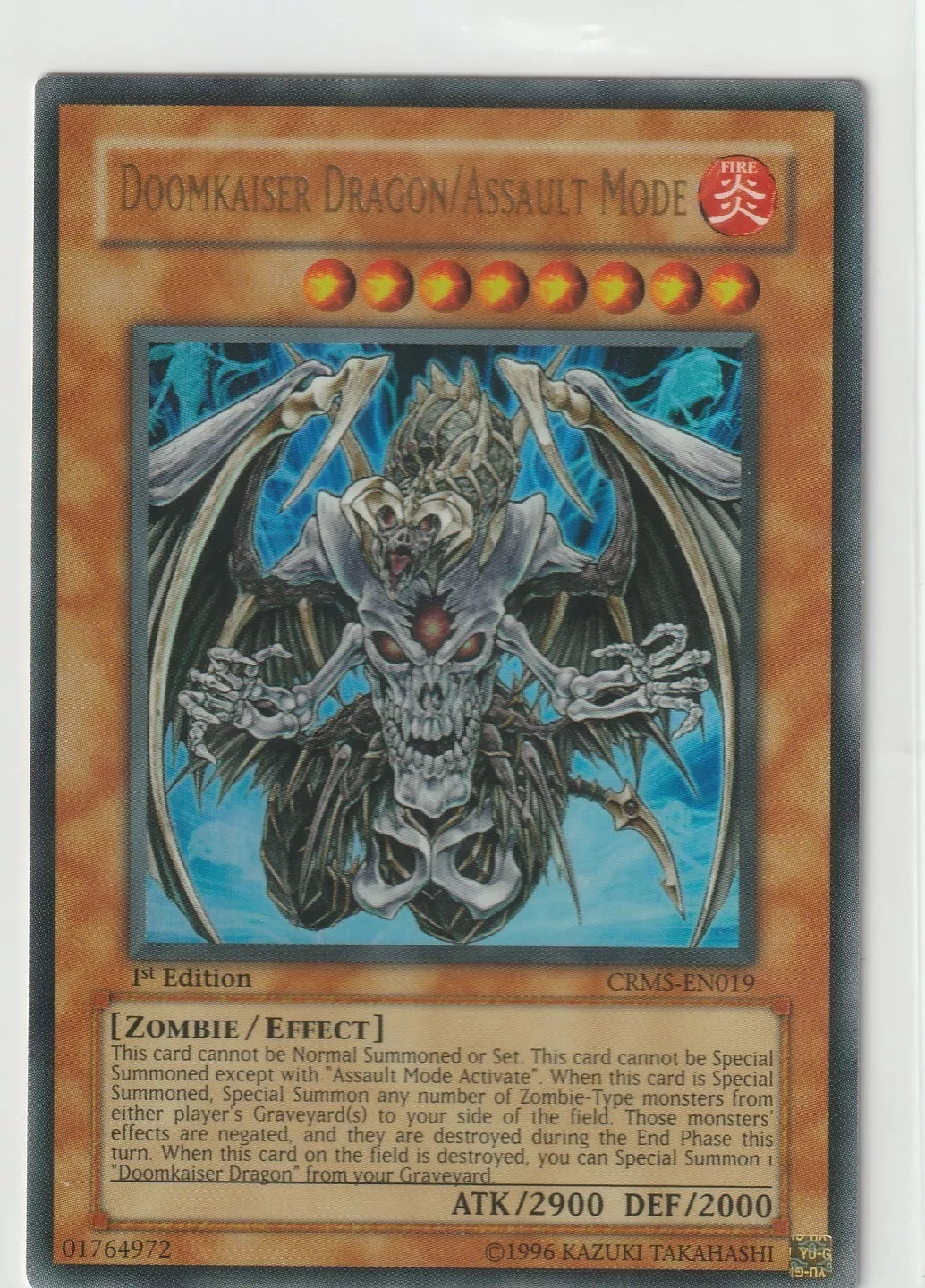 Yu-Gi-Oh! Doomkaiser Dragon/Assault Mode from the Crimson Crisis set featuring a skeletal dragon overlord with glowing red eyes.