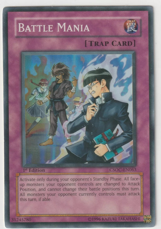 Yu-Gi-Oh! 2008 Crossroads of Chaos CSOC-EN063 Battle Mania Super Rare card front featuring multiple characters in a fighting stance.