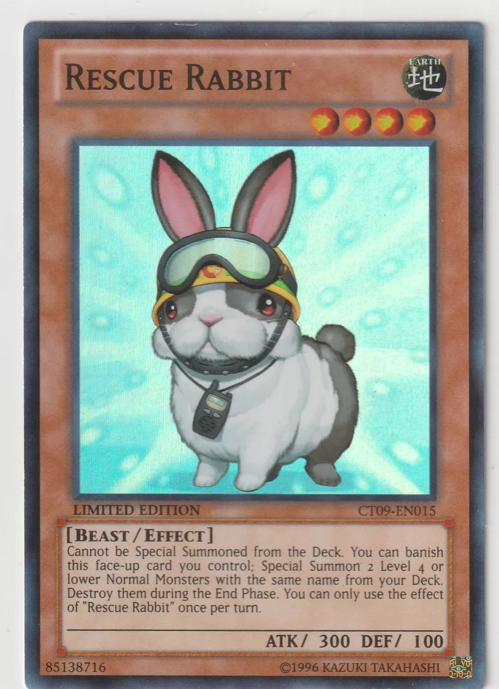 Yu-Gi-Oh! 2009 5D's Collectors Tin Rescue Rabbit Limited Edition card front, featuring a playful rabbit with goggles and a radio."