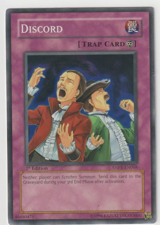 2009 Yu-Gi-Oh! Ancient Prophecy ANPR-EN068 Discord trap card (1st Edition), showing two figures in animated distress.