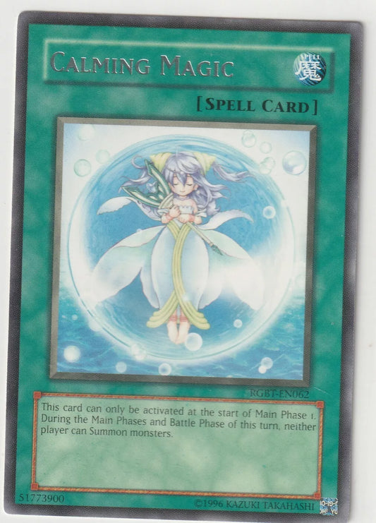 Yu Gi Oh! 2009 Raging Battle RGBT-EN062 Calming Magic Rare card front showing a peaceful figure encased in a magical bubble.