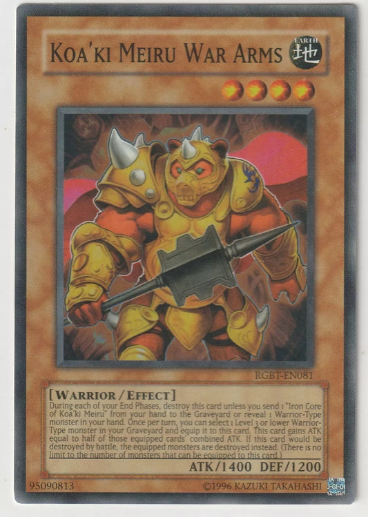 Yu-Gi-Oh! 2009 Raging Battle Koa'ki Meiru War Arms Super Rare showing armored warrior with weapon.