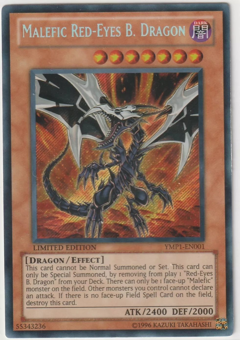 Front: This Limited Edition Malefic Red-Eyes B. Dragon card from the 2011 3D Bonds Beyond Time Movie Pack features an intimidating depiction of a skeletal-like Red-Eyes Black Dragon with dark, fiery wings. The artwork showcases the dragon in a dynamic attack stance amidst a blazing background, amplifying its dark, otherworldly presence. The card's design is in excellent condition with sharp edges and vibrant holo foil, perfect for collectors of the Malefic series.

Back: The back of the card shows the class