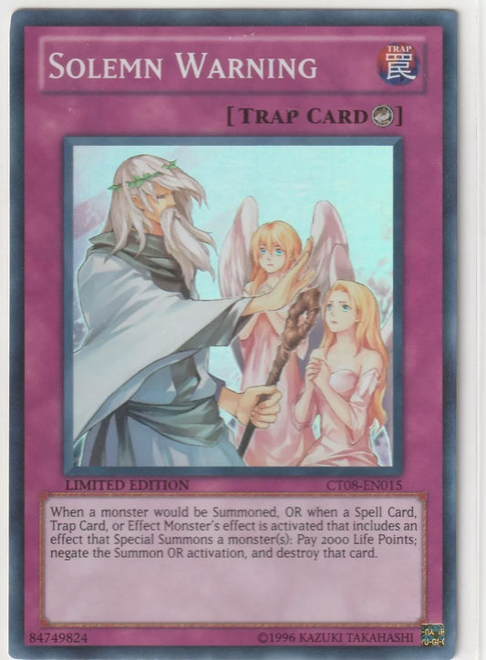 Front image of the Solemn Warning Limited Edition CT08-EN015 Yu-Gi-Oh! card, showing a divine figure with two angelic beings, surrounded by a holographic design."