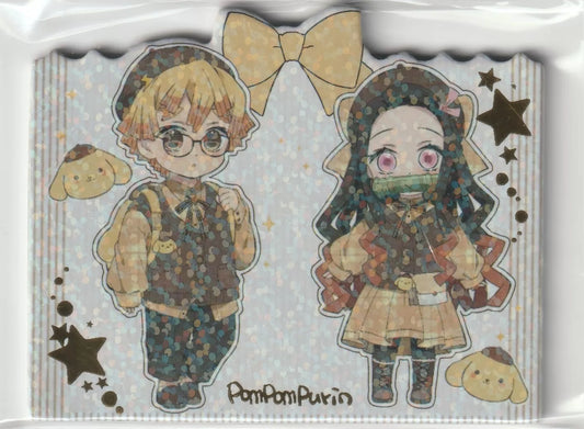 Zenitsu and Nezuko from Demon Slayer in PomPomPurin-themed outfits with glasses, yellow accessories, and star embellishments.